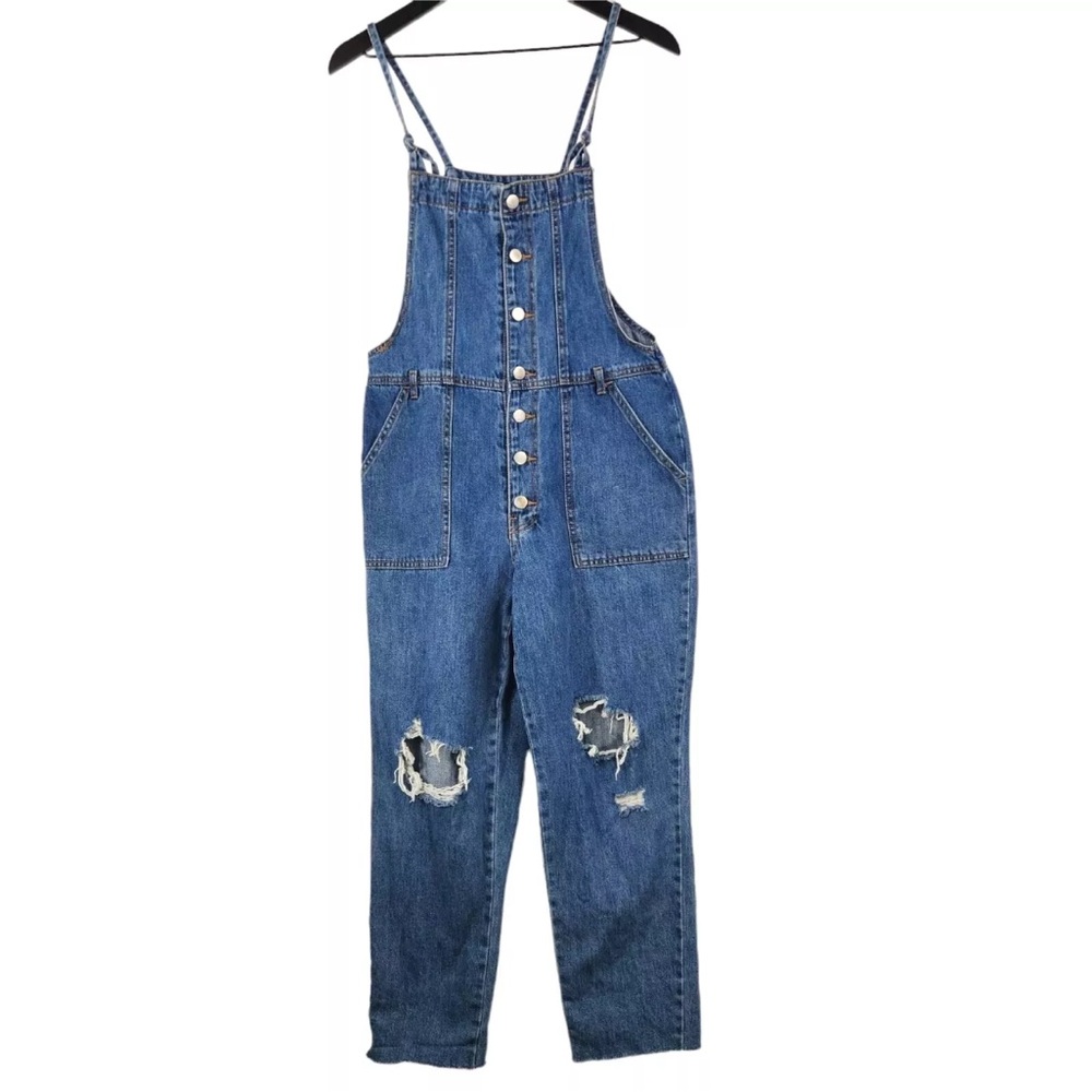 Forever21 Blue Denim Overalls with Distressed Details